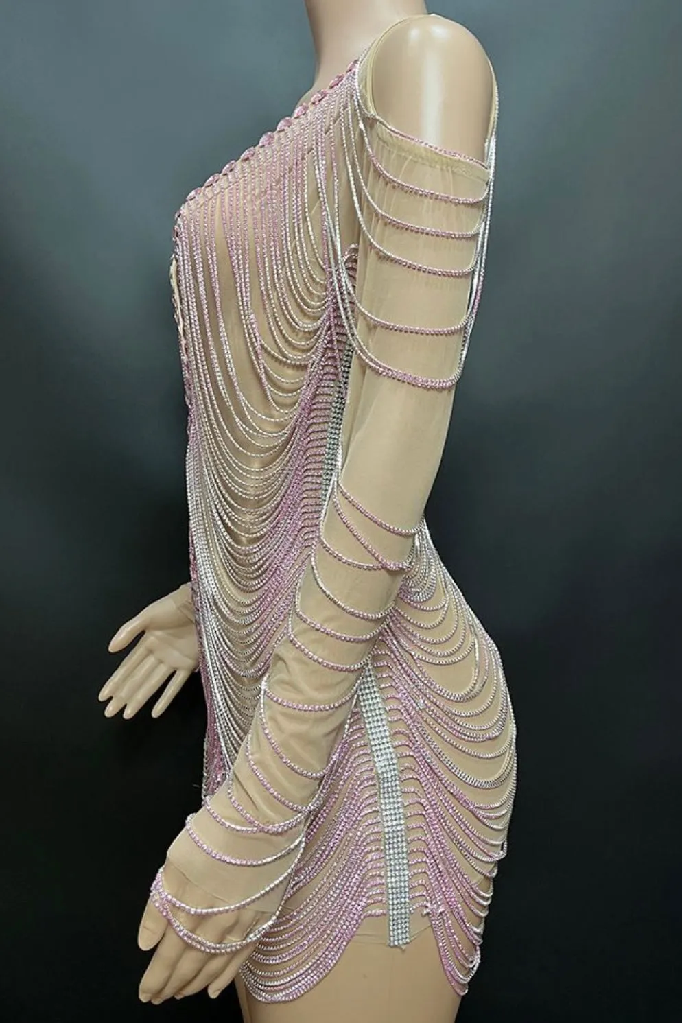Jessica Bara Amra Crystal Fringe Long Sleeve Mini Dress