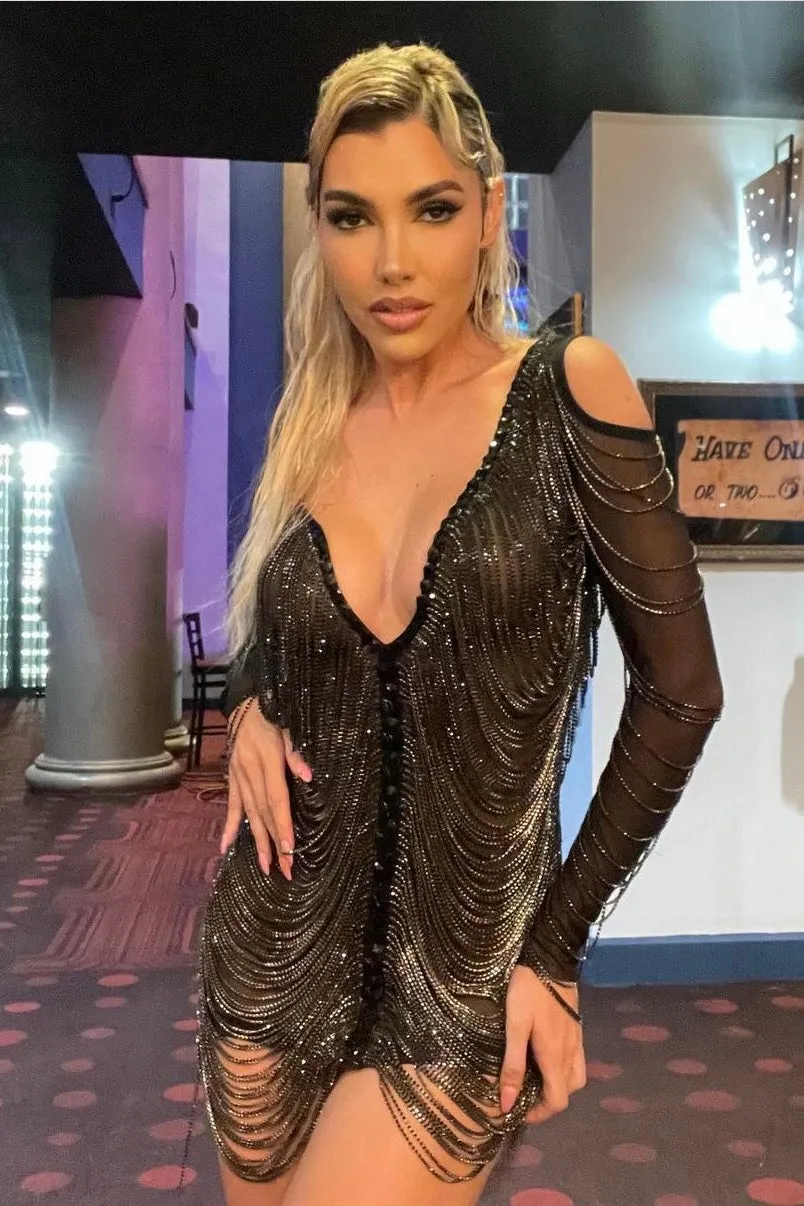 Jessica Bara Amra Crystal Fringe Long Sleeve Mini Dress