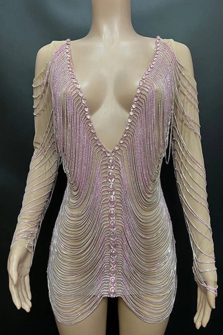 Jessica Bara Amra Crystal Fringe Long Sleeve Mini Dress
