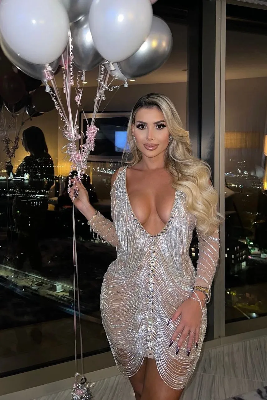 Jessica Bara Amra Crystal Fringe Long Sleeve Mini Dress