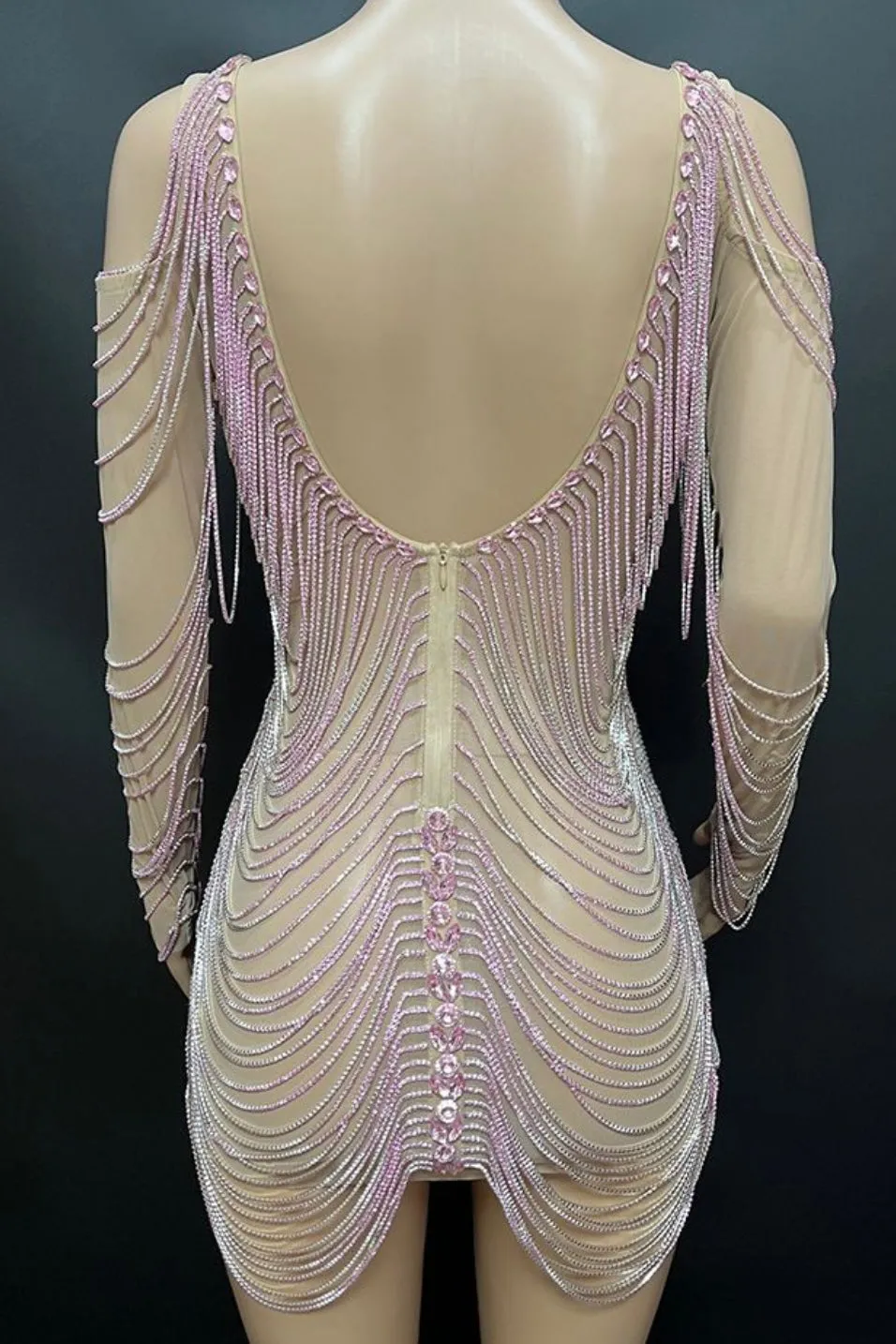 Jessica Bara Amra Crystal Fringe Long Sleeve Mini Dress