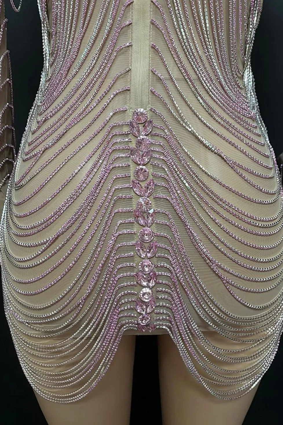 Jessica Bara Amra Crystal Fringe Long Sleeve Mini Dress