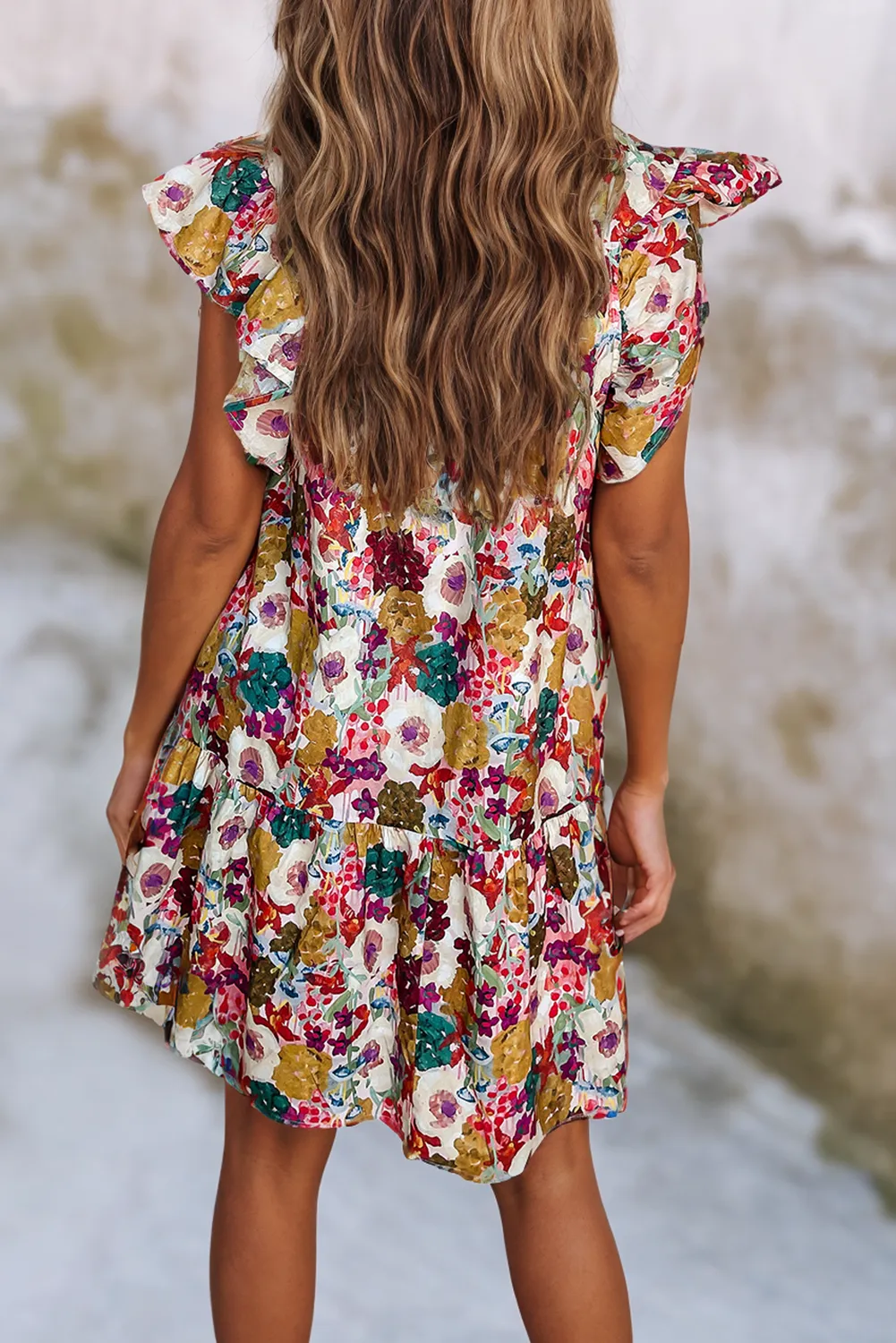 Kace Floral Printed Split Neck Flutter Sleeve Dress: / Multi-Colored