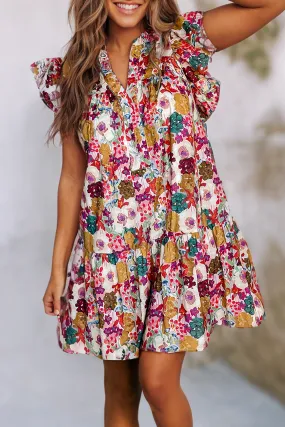 Kace Floral Printed Split Neck Flutter Sleeve Dress: / Multi-Colored