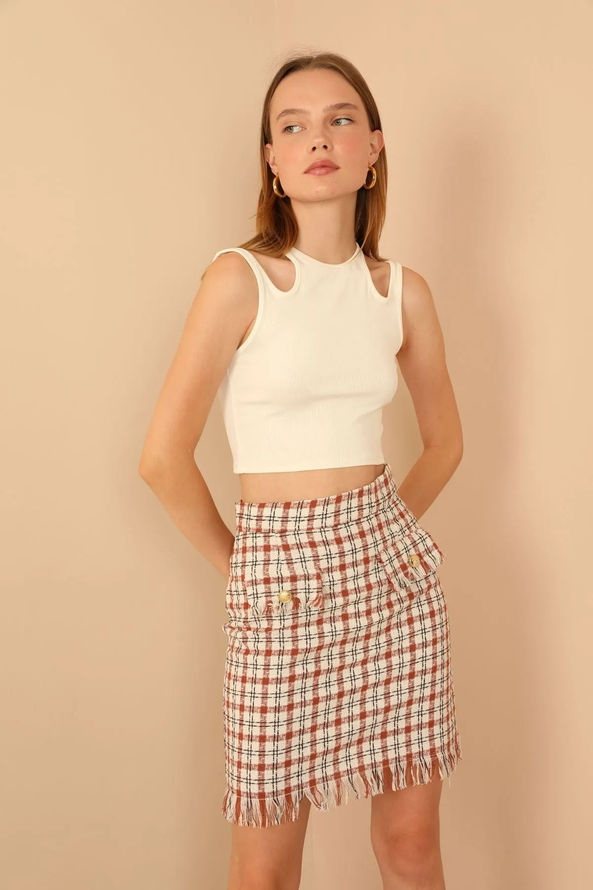KKT Channel Woven Fabric Tight Fit Mini Skirt With Pocket - Light Brown - Orpington