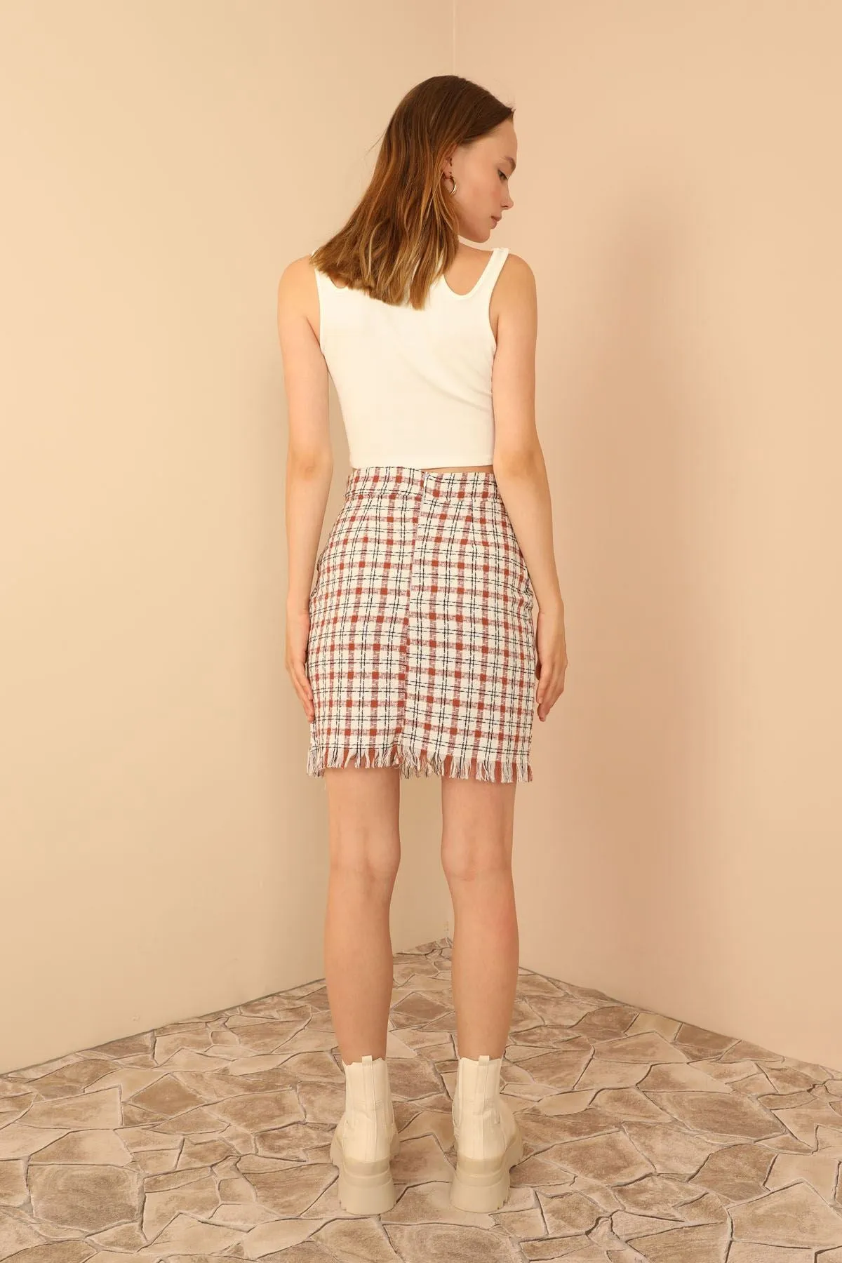 KKT Channel Woven Fabric Tight Fit Mini Skirt With Pocket - Light Brown - Orpington