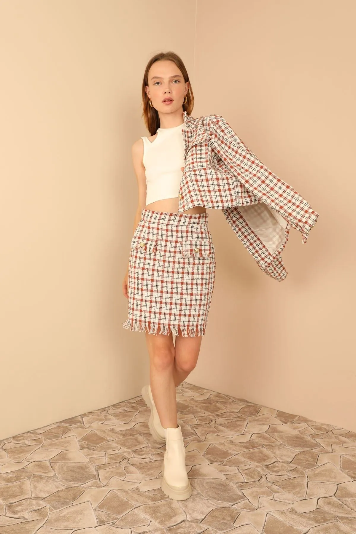 KKT Channel Woven Fabric Tight Fit Mini Skirt With Pocket - Light Brown - Orpington