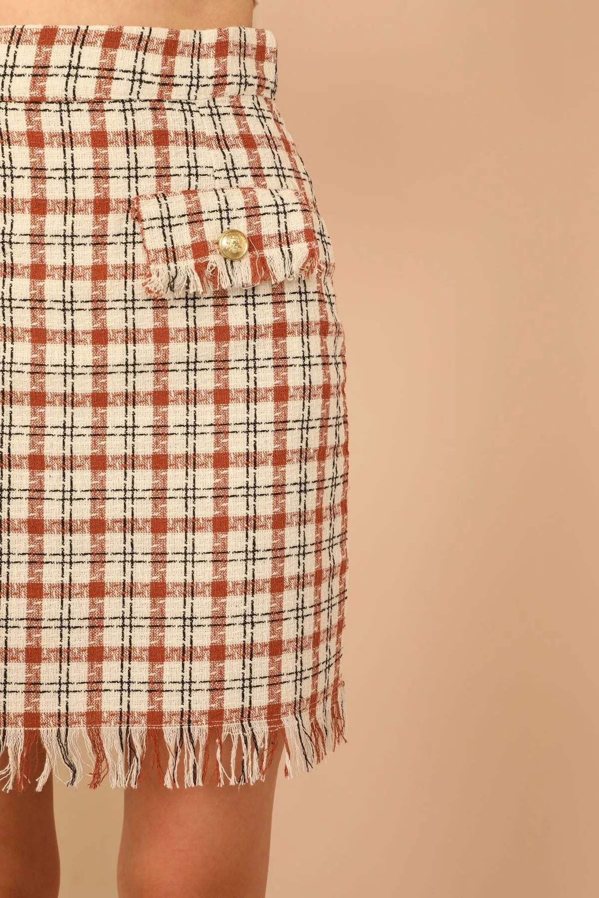 KKT Channel Woven Fabric Tight Fit Mini Skirt With Pocket - Light Brown - Orpington
