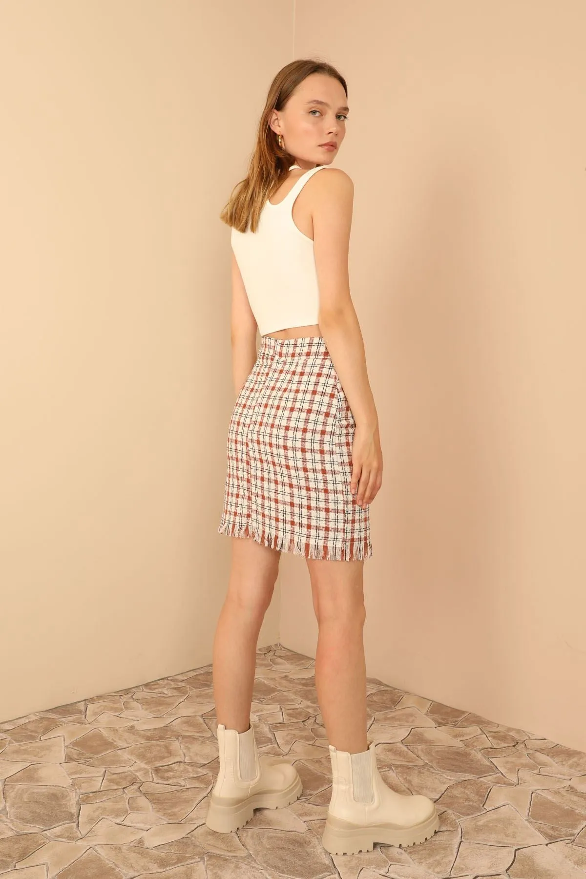 KKT Channel Woven Fabric Tight Fit Mini Skirt With Pocket - Light Brown - Orpington