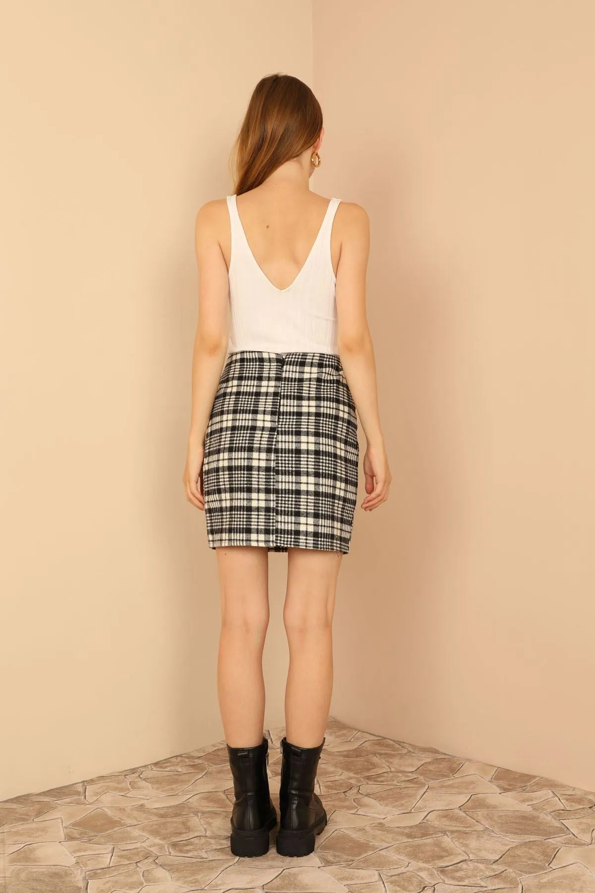 KKT Lumberjack Fabric Tight Fit Striped Mini Skirt - Black - Knoxville