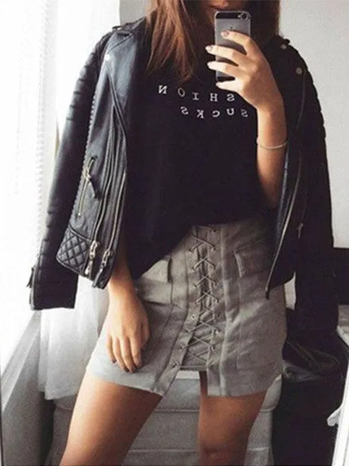 Lace-Up Suede Skirt in Grey