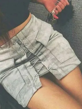 Lace-Up Suede Skirt in Grey