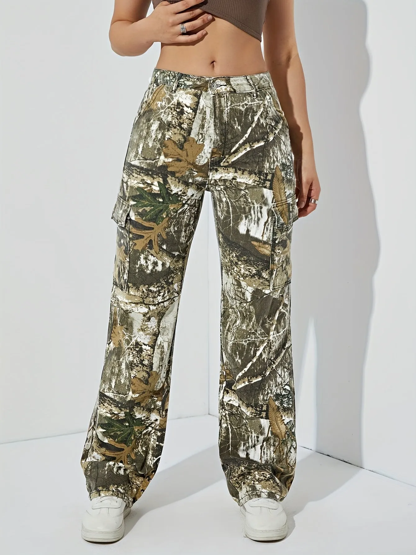 Leaf Print High Waist Cargo Pants RF4125