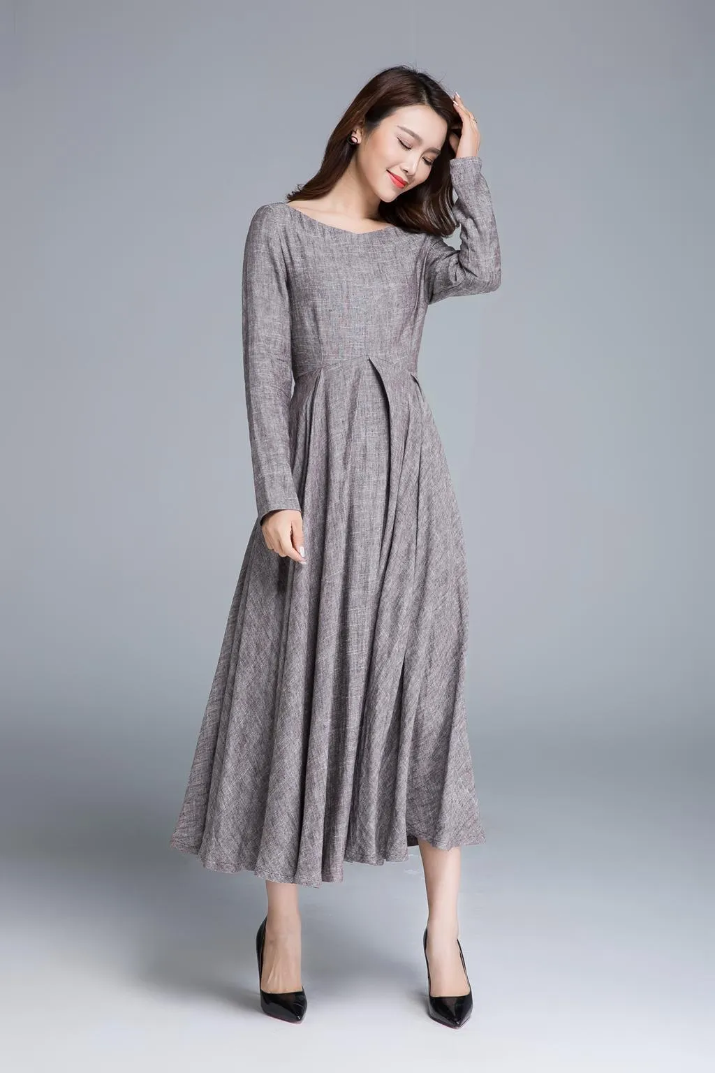 linen dress, pleated dress, women dresses, long dress 1652