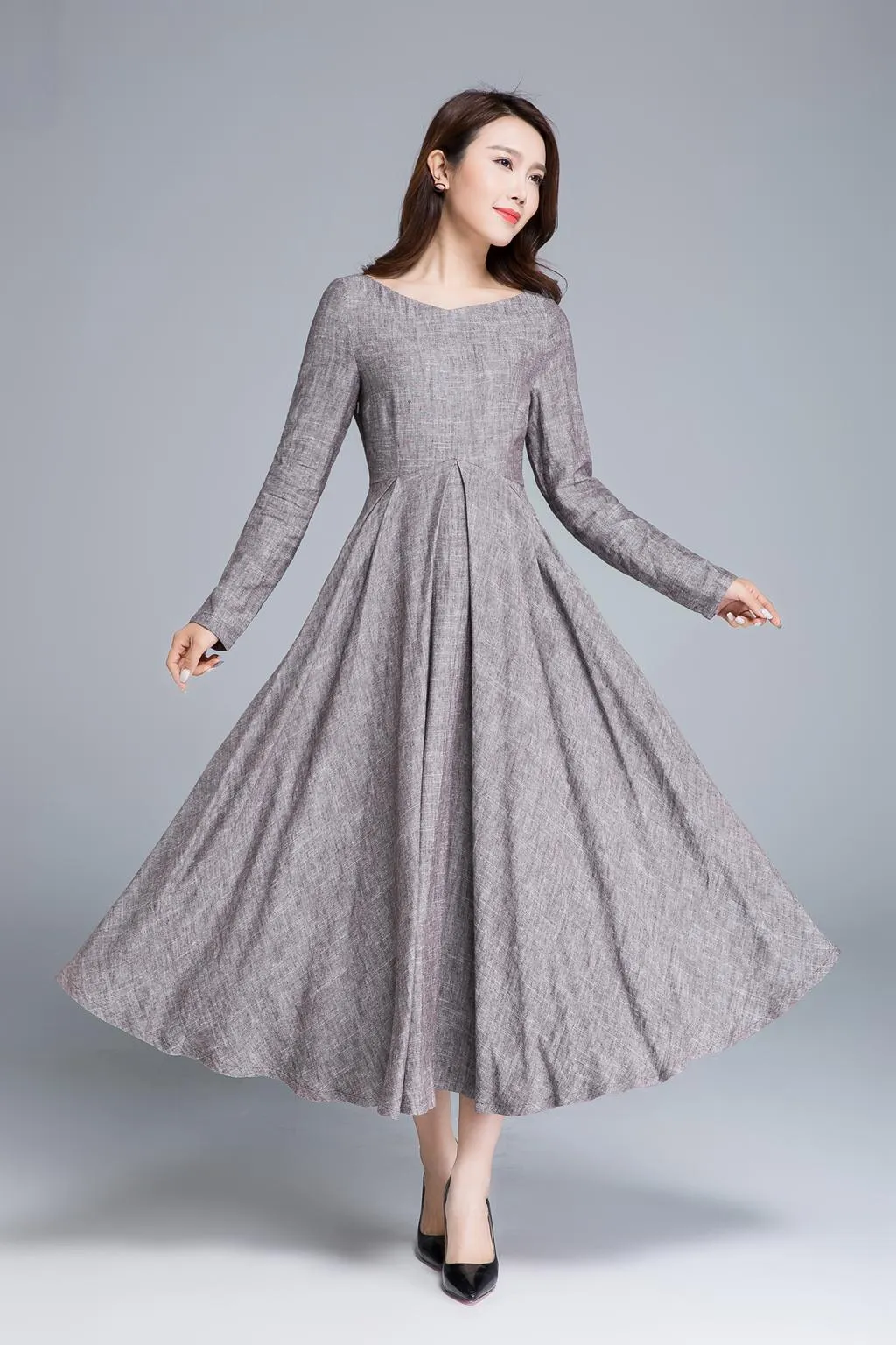 linen dress, pleated dress, women dresses, long dress 1652