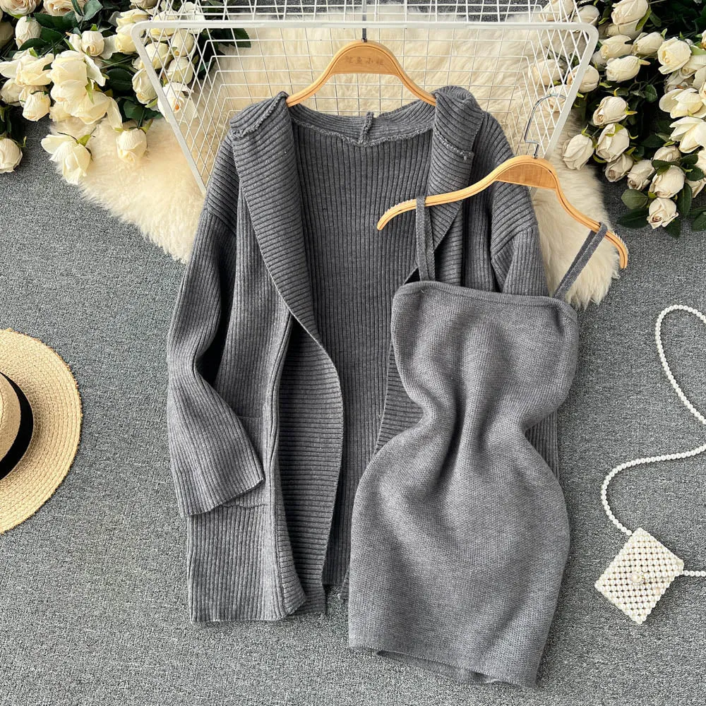 Loose-fitting Cardigan&Slip Dress Knitted 2Pcs