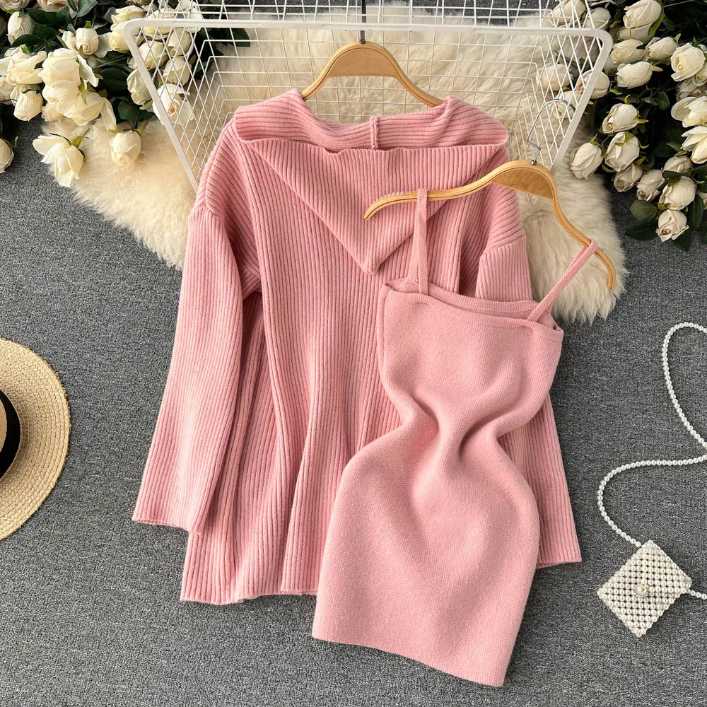 Loose-fitting Cardigan&Slip Dress Knitted 2Pcs