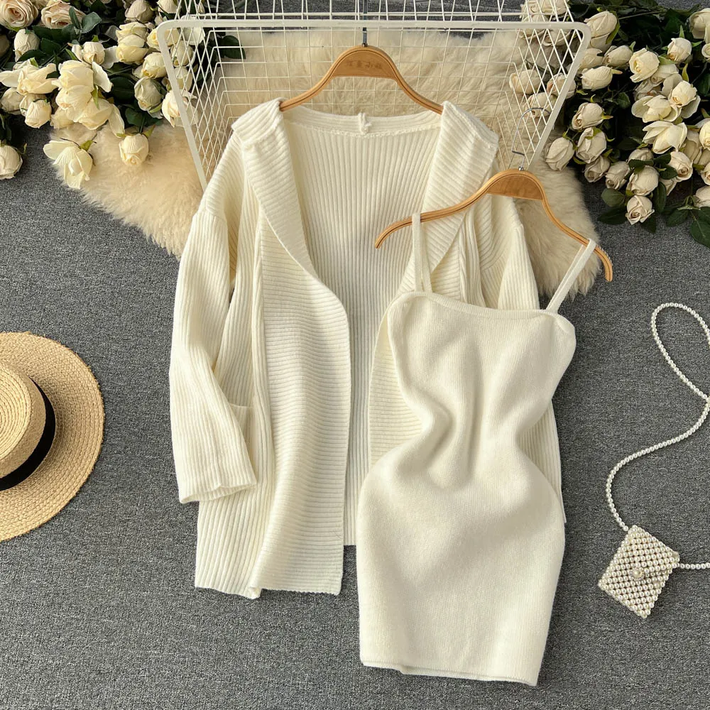 Loose-fitting Cardigan&Slip Dress Knitted 2Pcs