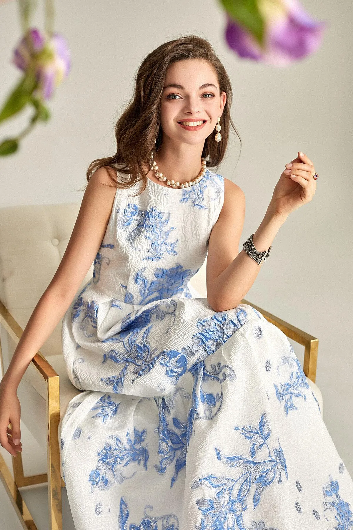 Luxury heavy embroidery jacquard elegant white fairy summer long wedding guest dress - Jinu