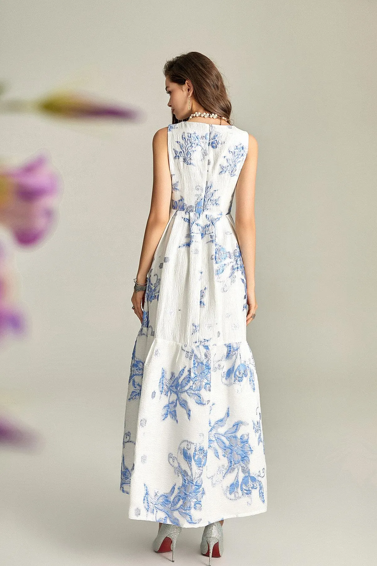 Luxury heavy embroidery jacquard elegant white fairy summer long wedding guest dress - Jinu
