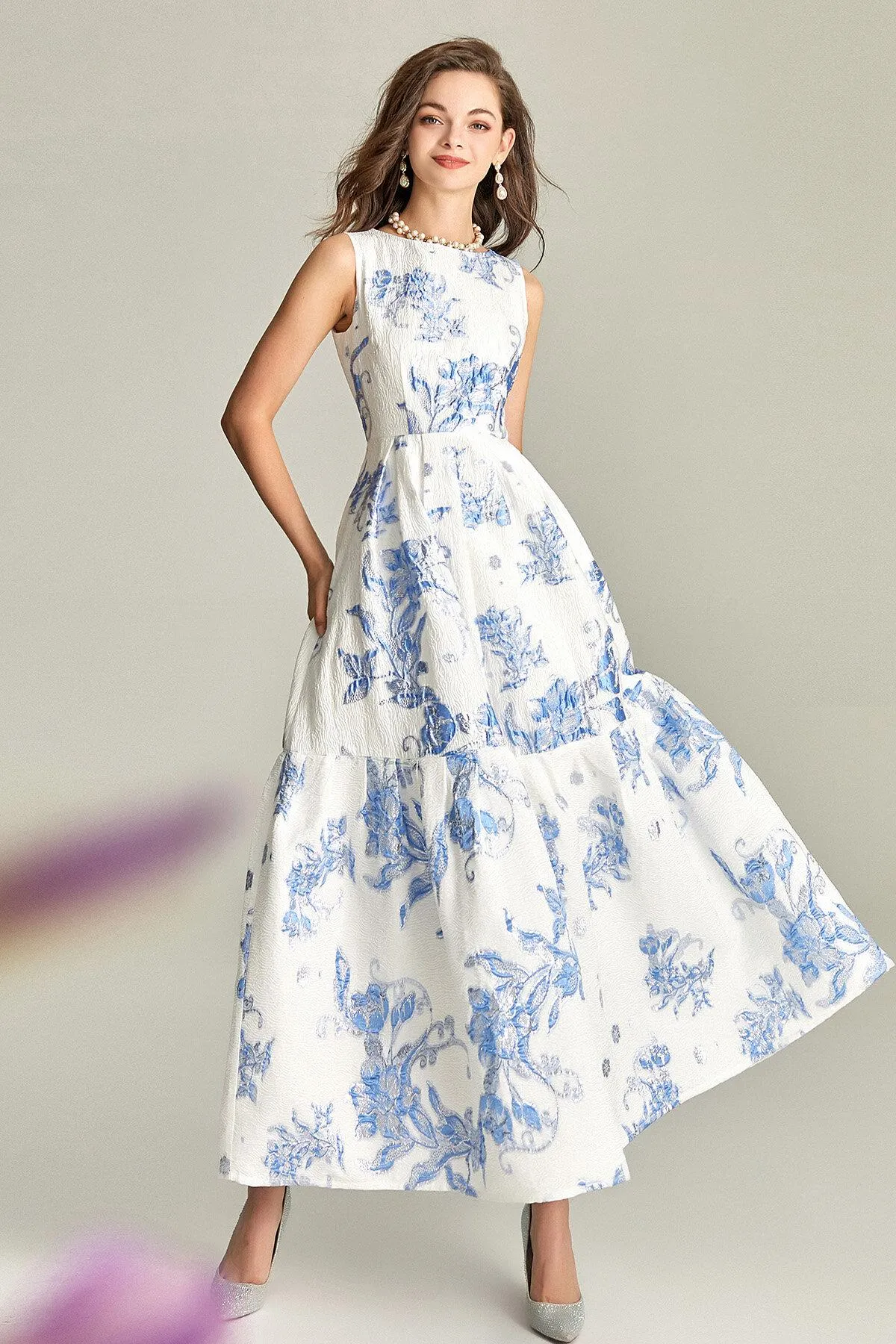 Luxury heavy embroidery jacquard elegant white fairy summer long wedding guest dress - Jinu