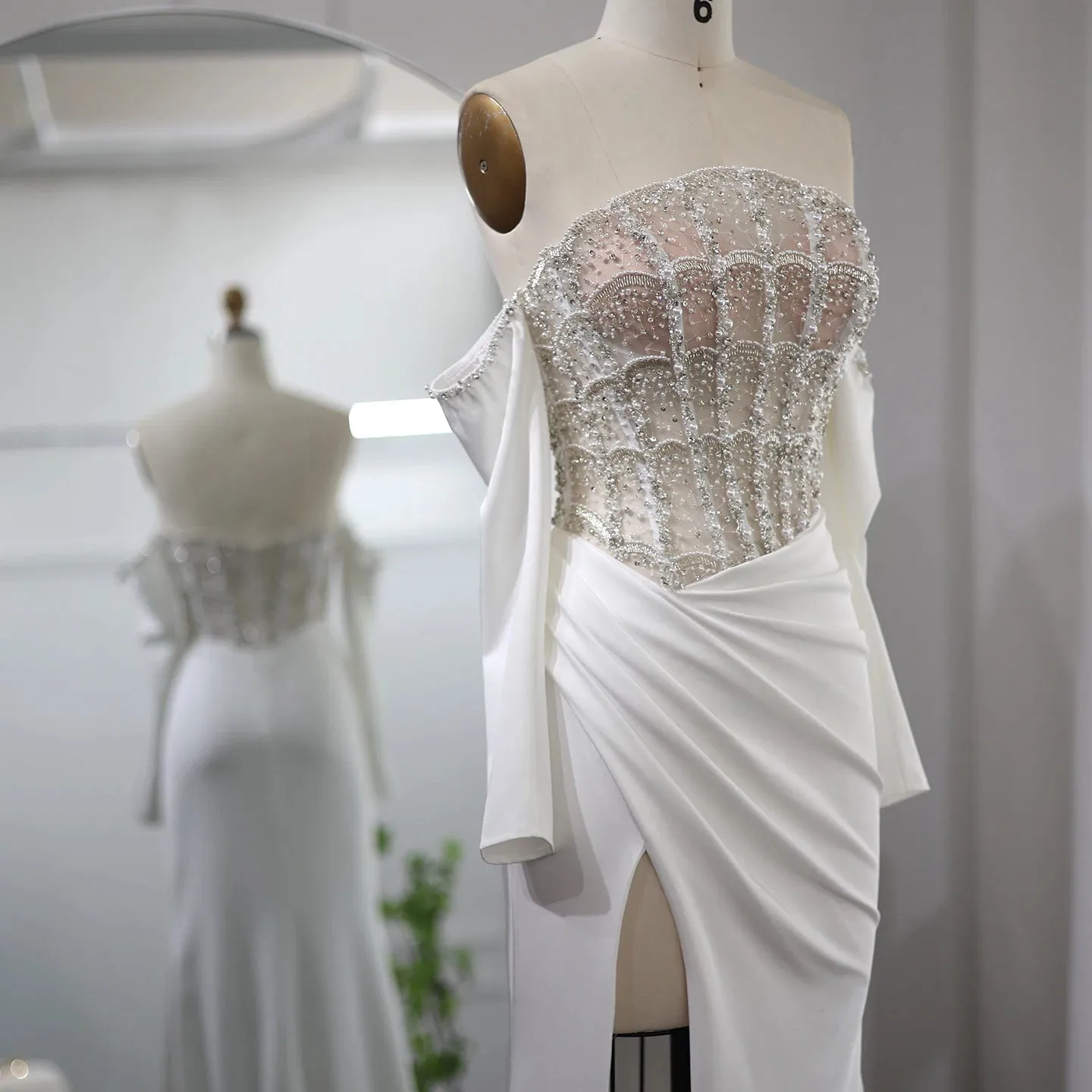 Luxury Sexy Scalloped High Slit White Evening Dress