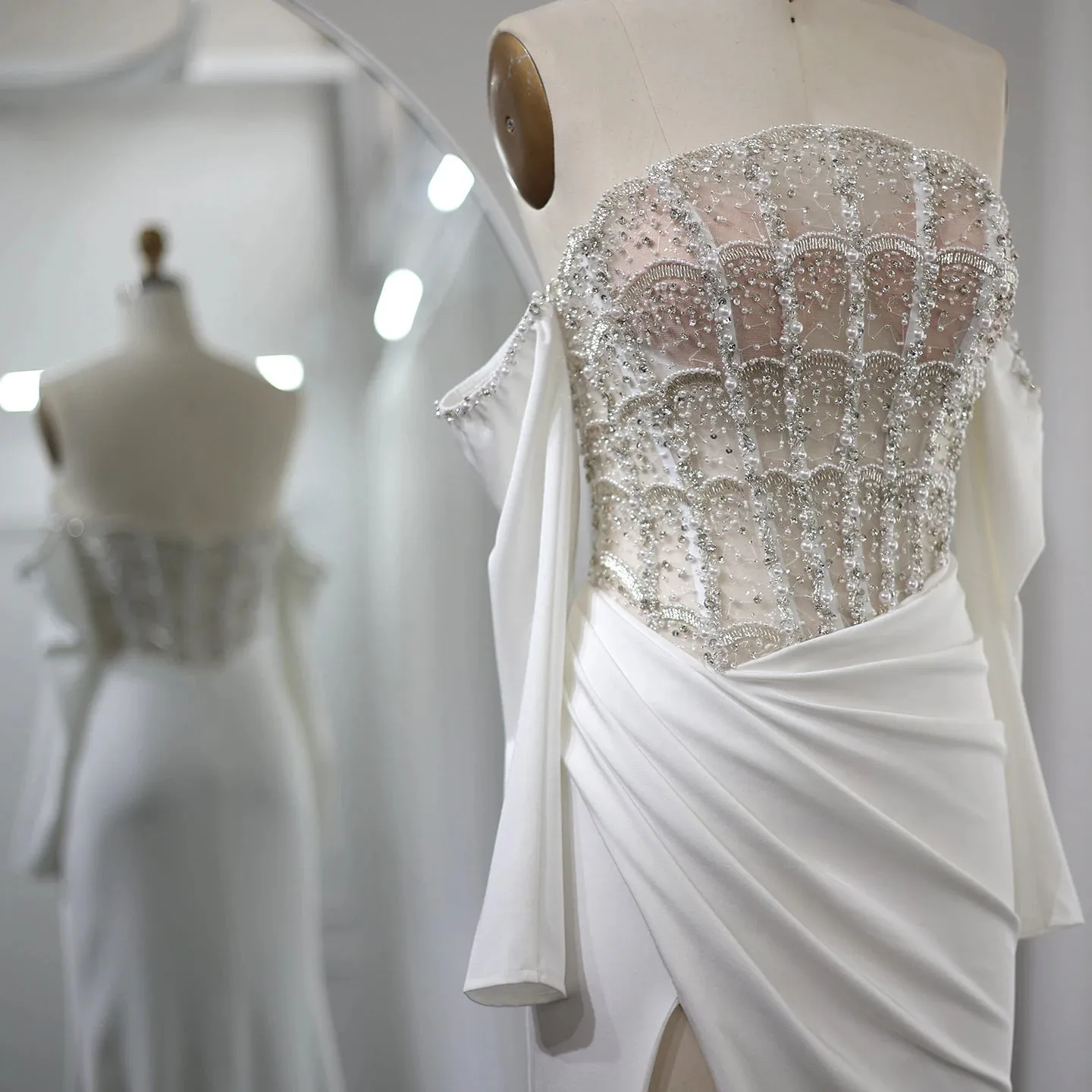 Luxury Sexy Scalloped High Slit White Evening Dress