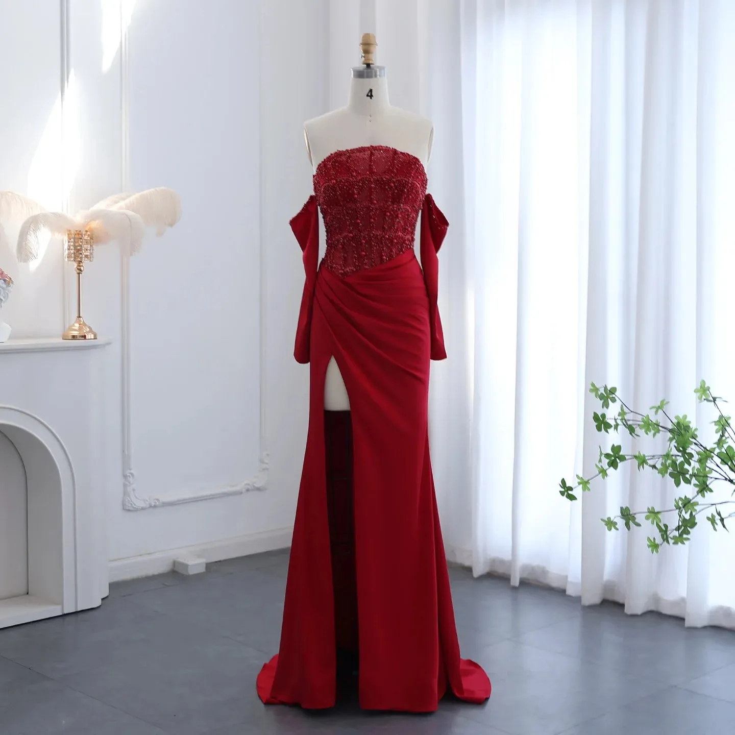 Luxury Sexy Scalloped High Slit White Evening Dress