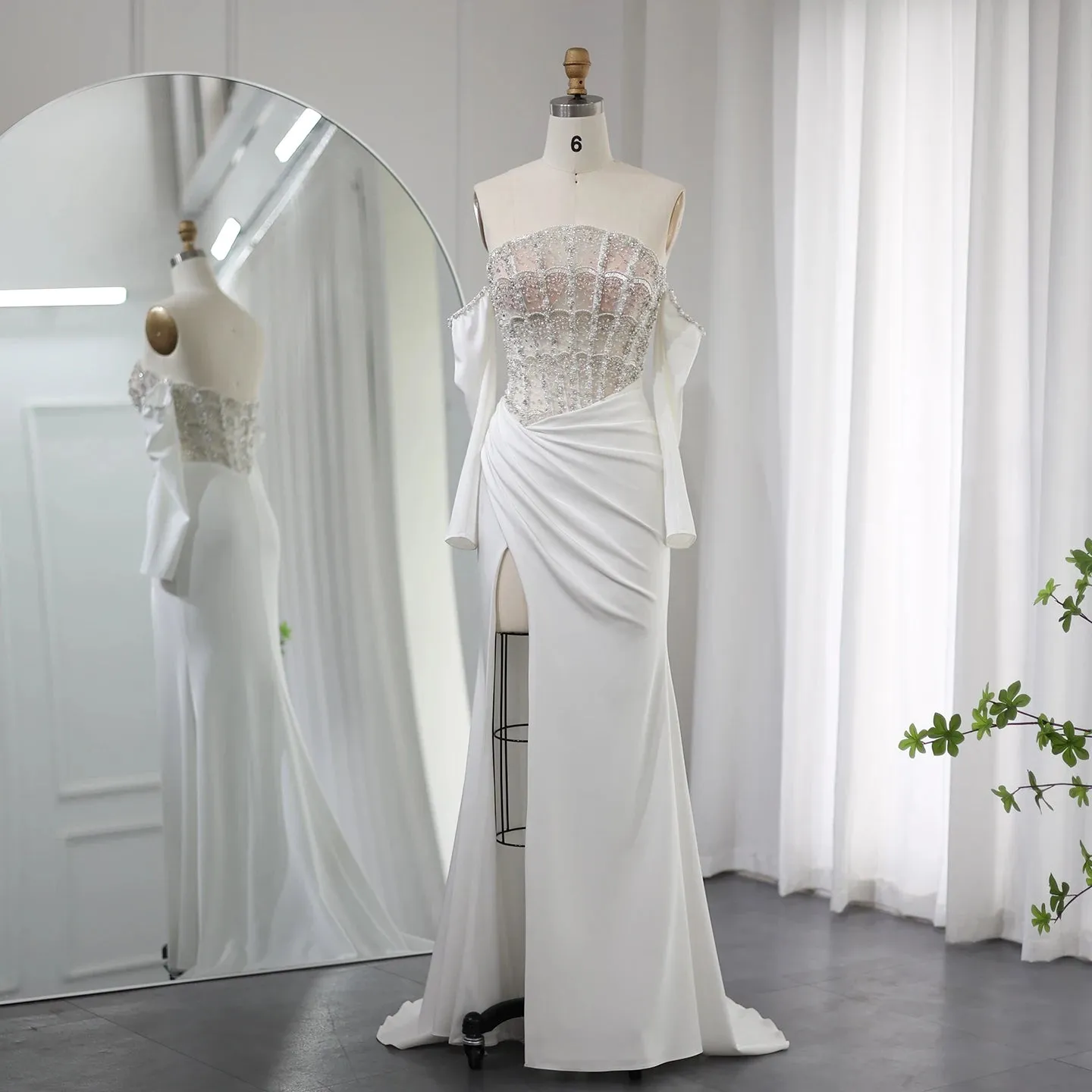 Luxury Sexy Scalloped High Slit White Evening Dress