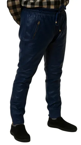Mens Blue Leather Joggers