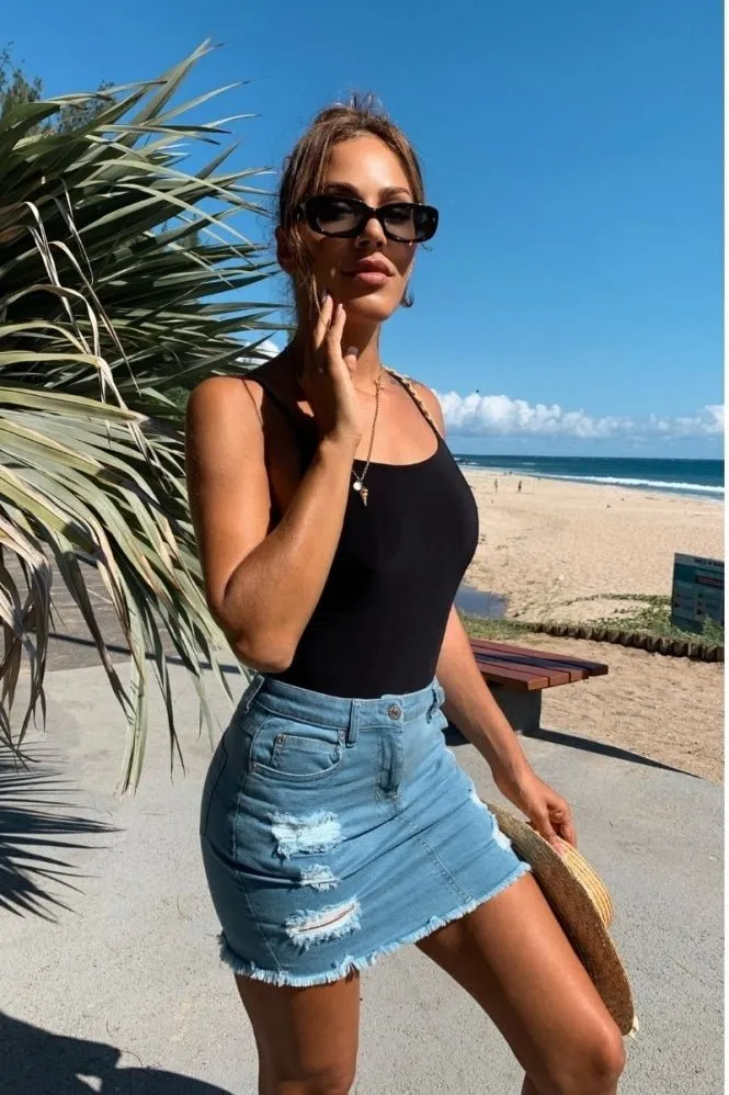 Mid Blue Distressed Denim Mini Skirt