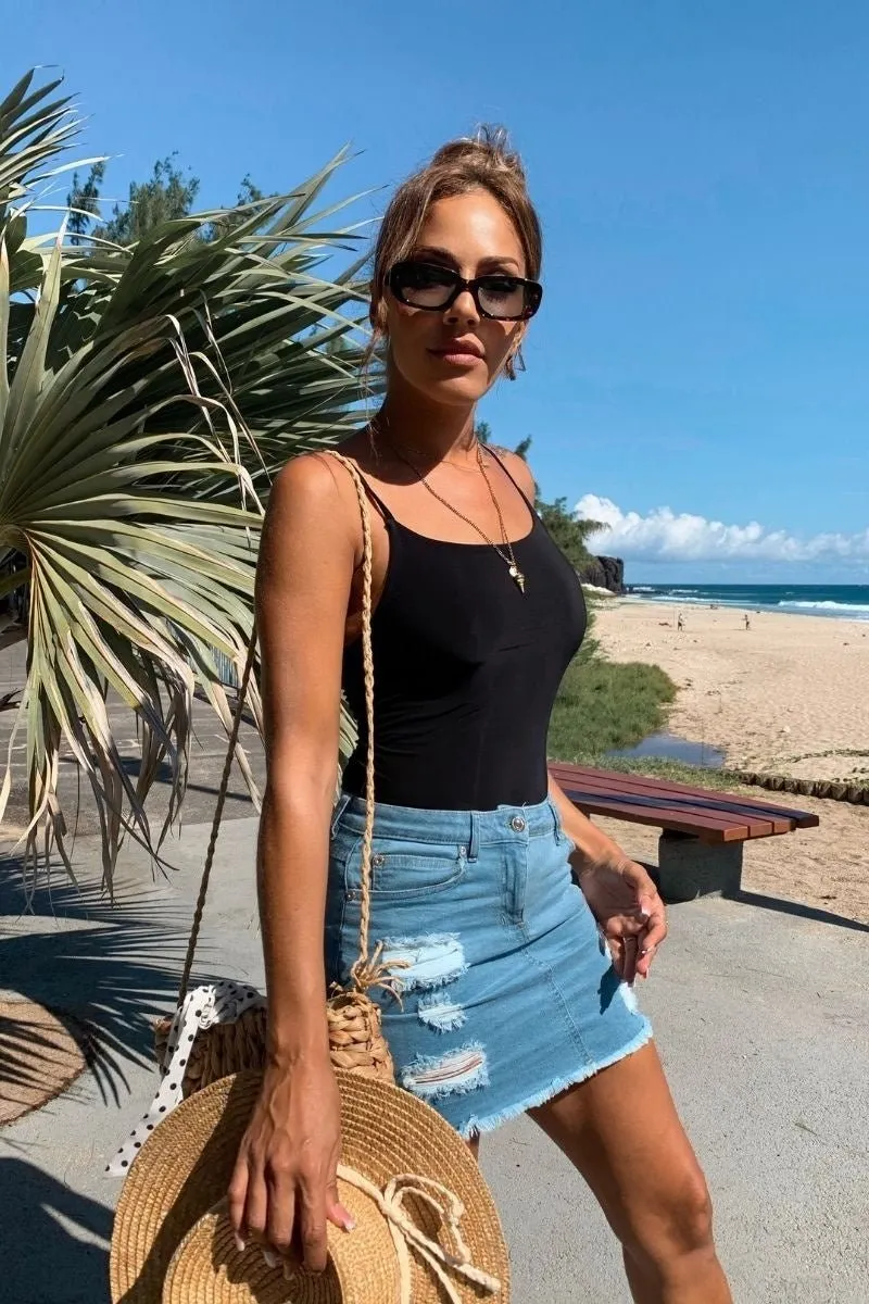 Mid Blue Distressed Denim Mini Skirt