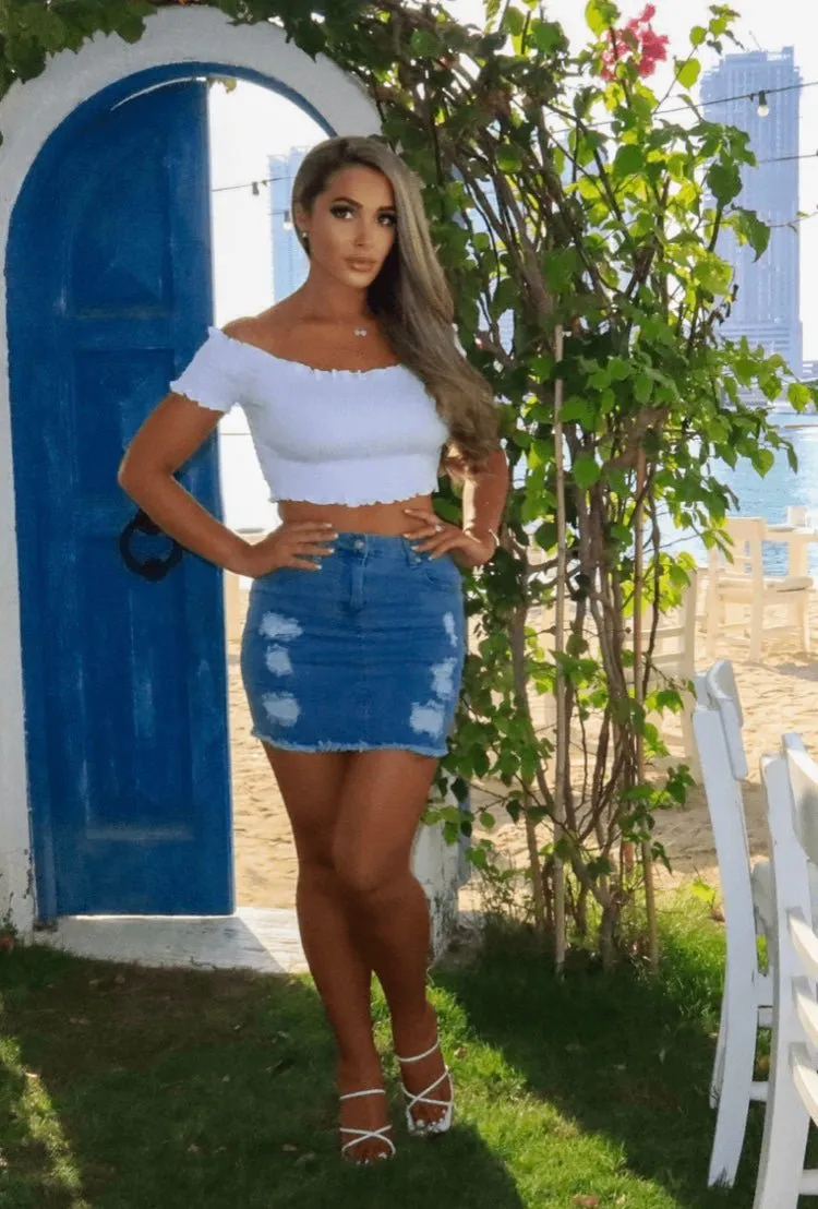 Mid Blue Distressed Denim Mini Skirt