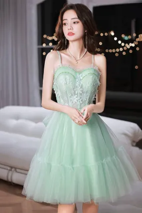 Mint Green Sweetheart Tulle Lace Straps Homecoming Dress, Green Prom Dress