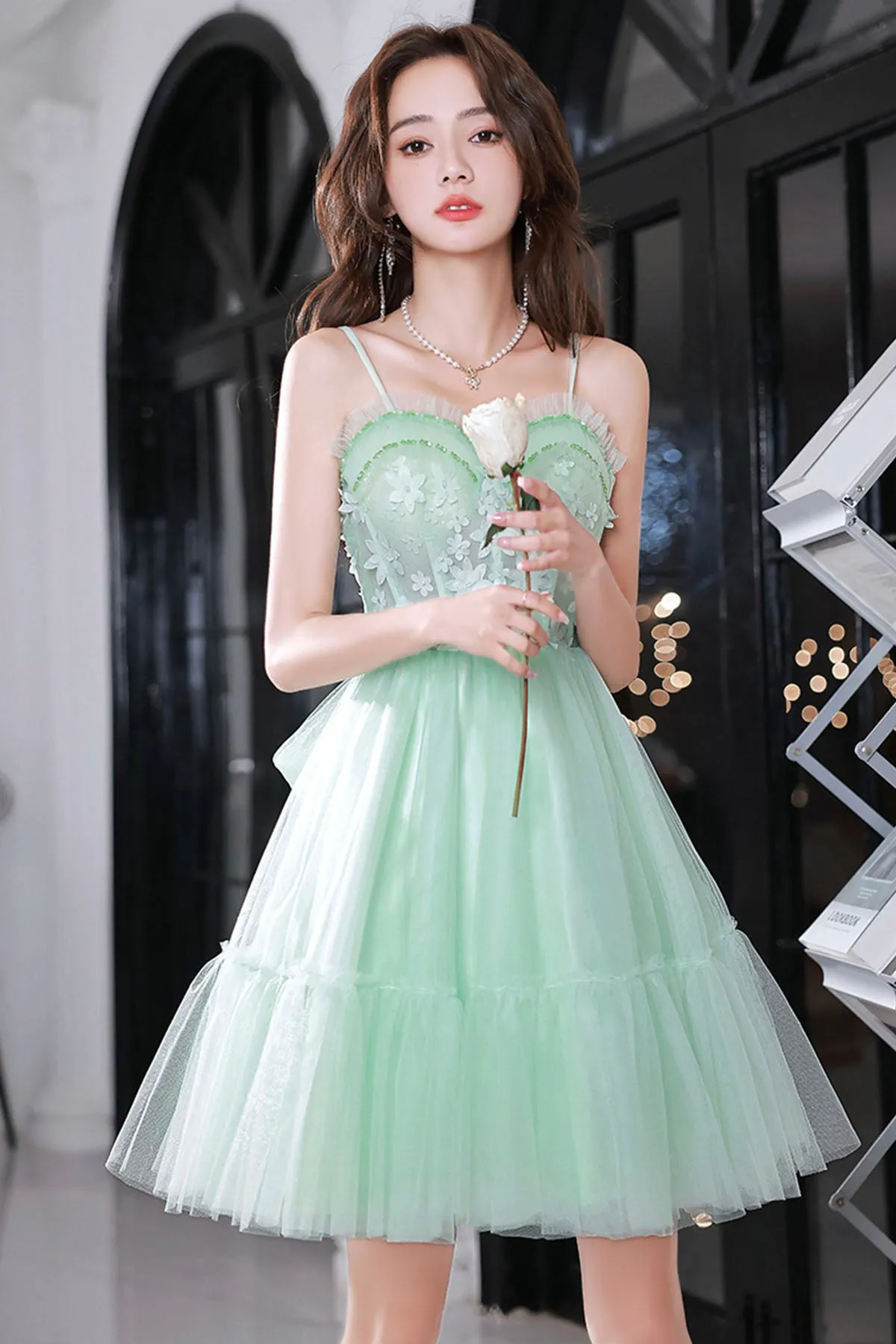Mint Green Sweetheart Tulle Lace Straps Homecoming Dress, Green Prom Dress