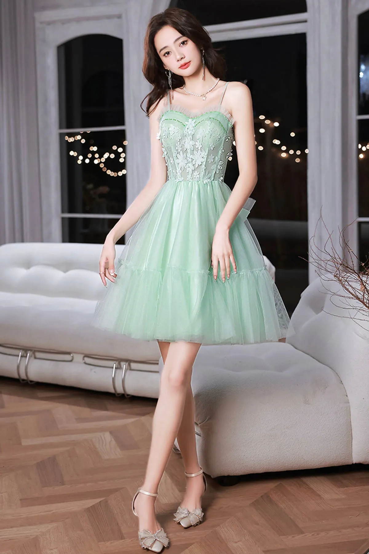 Mint Green Sweetheart Tulle Lace Straps Homecoming Dress, Green Prom Dress