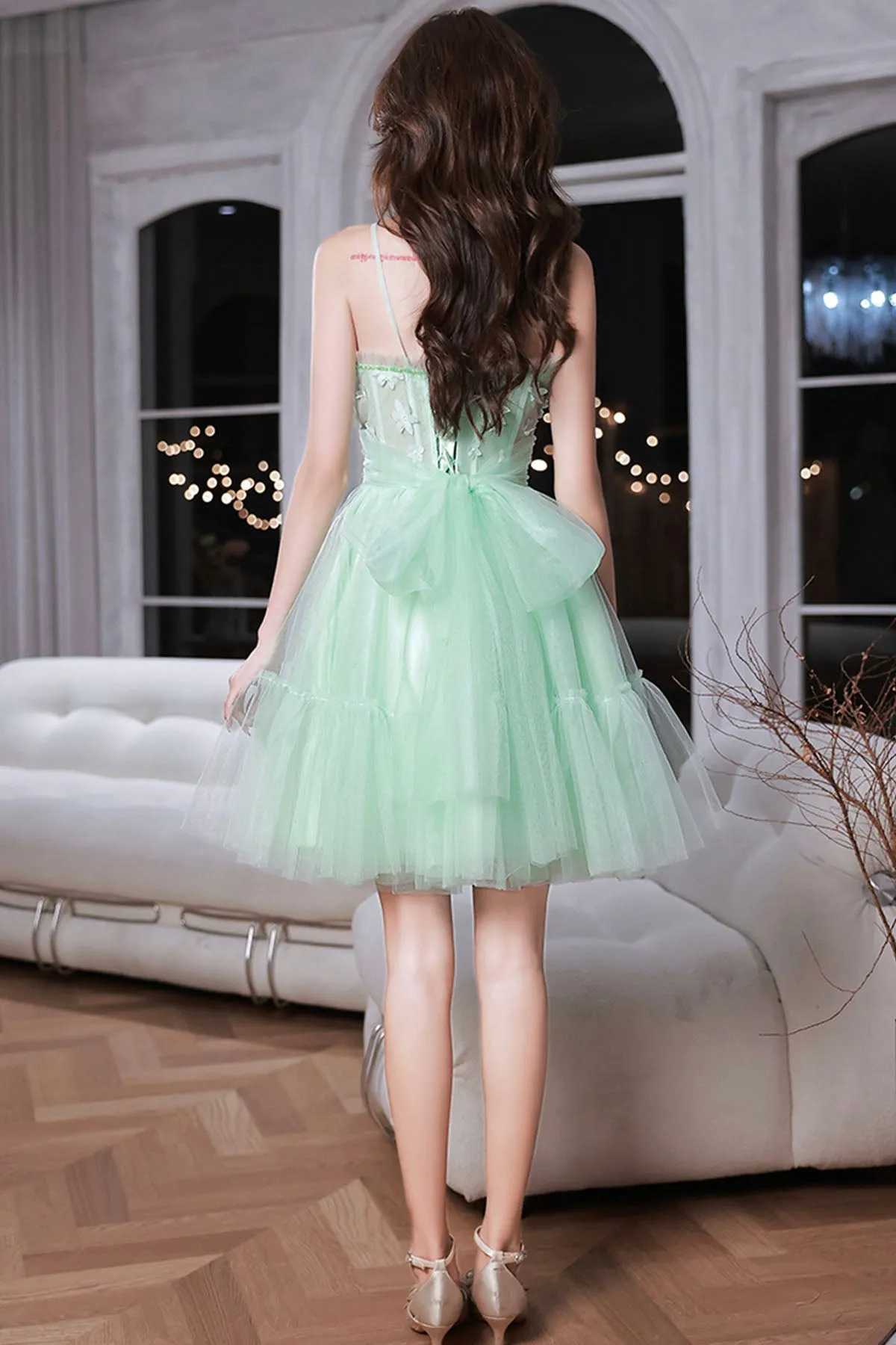 Mint Green Sweetheart Tulle Lace Straps Homecoming Dress, Green Prom Dress