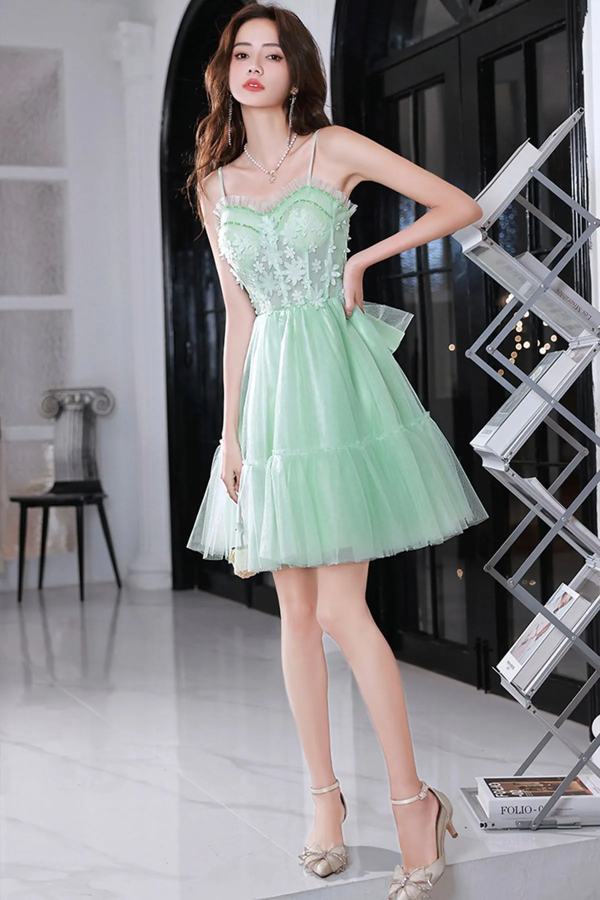 Mint Green Sweetheart Tulle Lace Straps Homecoming Dress, Green Prom Dress