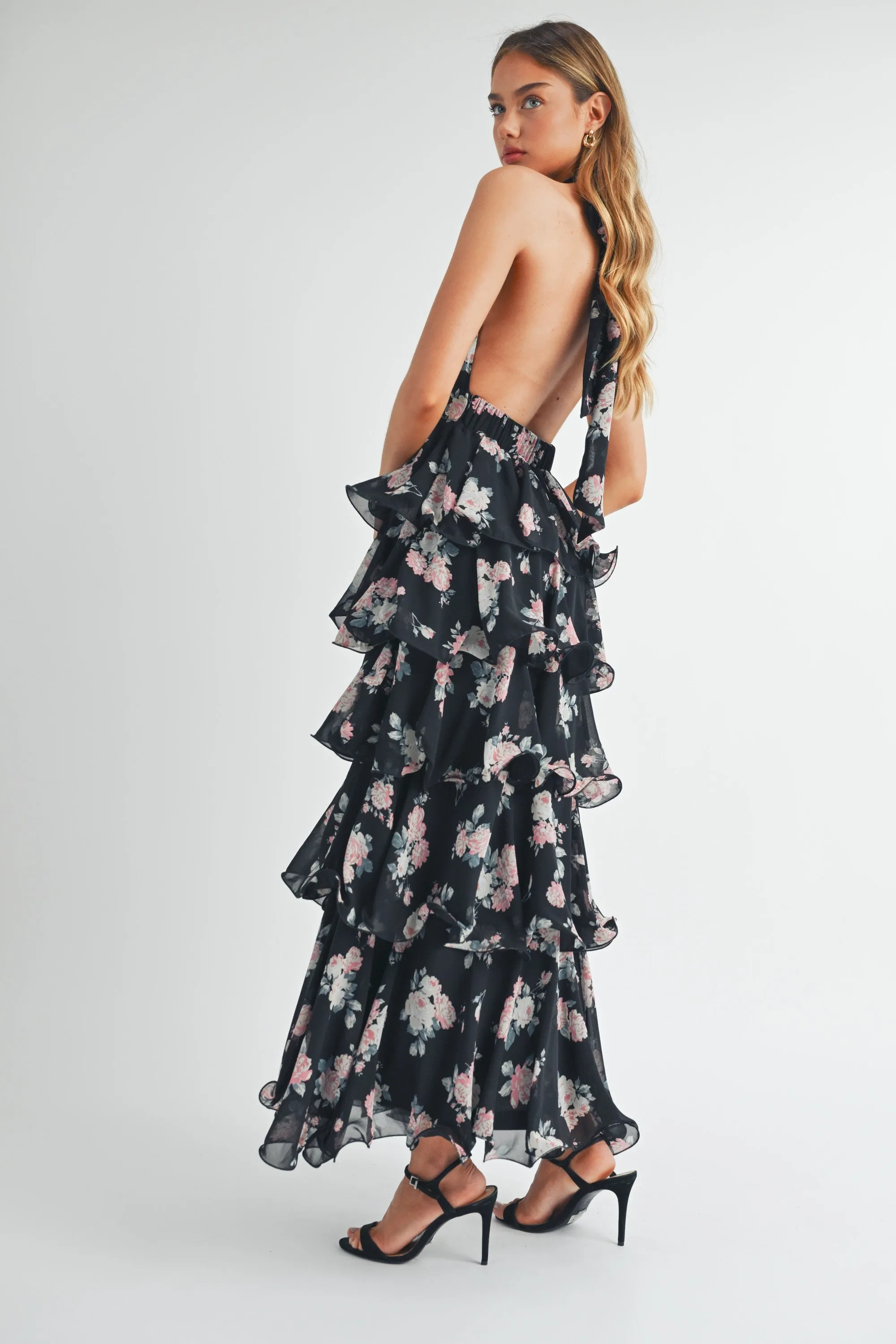 Miranda Halter Ruffle Tier Maxi Dress - Black