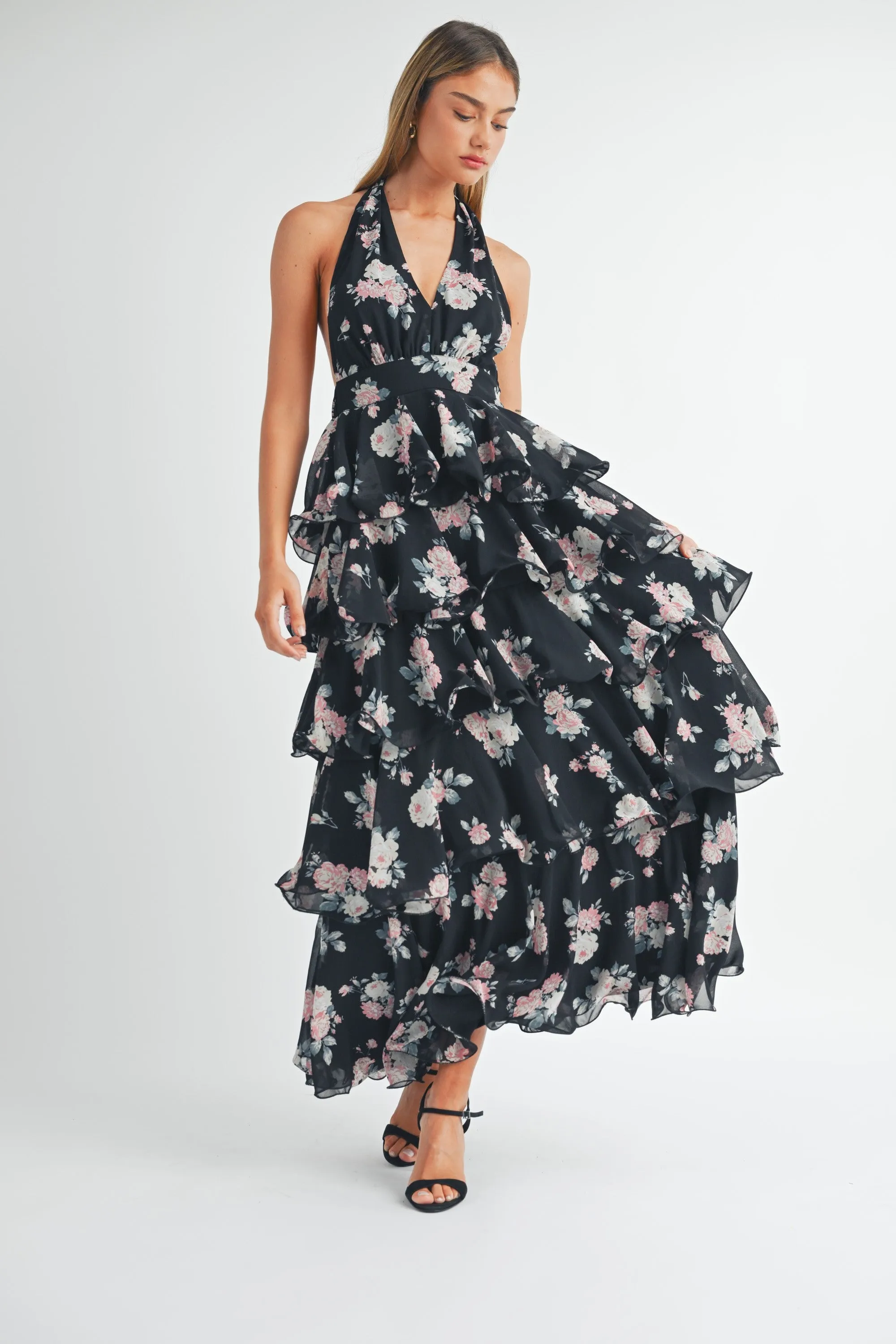 Miranda Halter Ruffle Tier Maxi Dress - Black