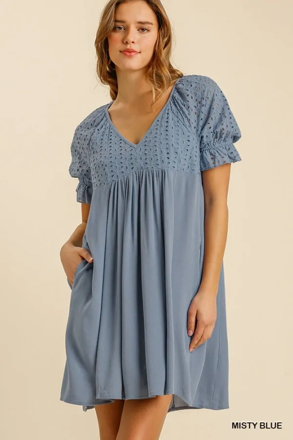 Misty Blue V Neck Ruffled Sleeve Babydoll Dress with Pockets