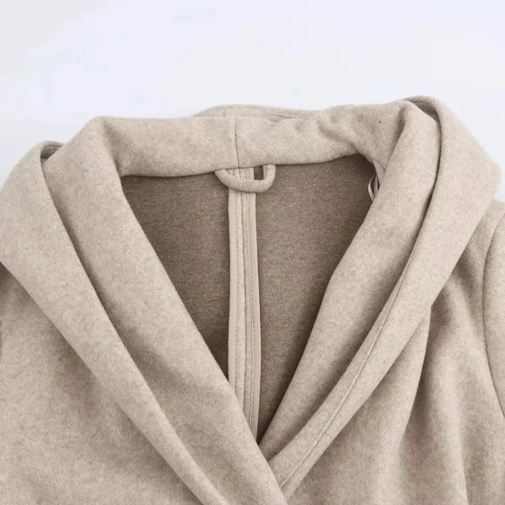 Neutral Wool Hooded Double Breasted Front Tie Coat