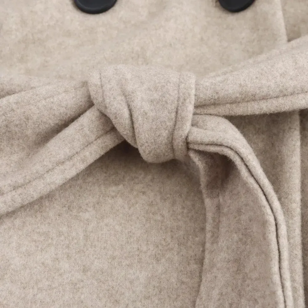 Neutral Wool Hooded Double Breasted Front Tie Coat