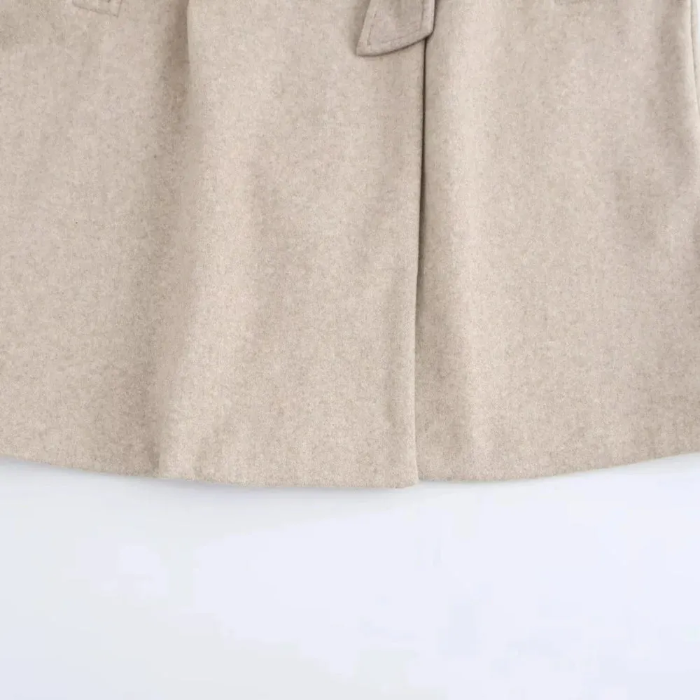 Neutral Wool Hooded Double Breasted Front Tie Coat