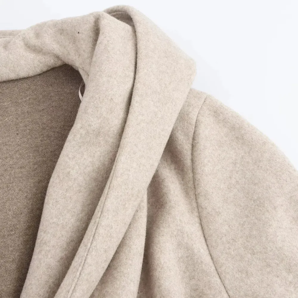 Neutral Wool Hooded Double Breasted Front Tie Coat