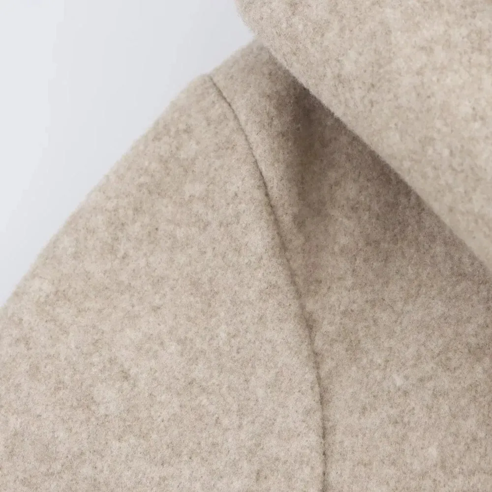 Neutral Wool Hooded Double Breasted Front Tie Coat