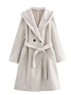 Neutral Wool Hooded Double Breasted Front Tie Coat