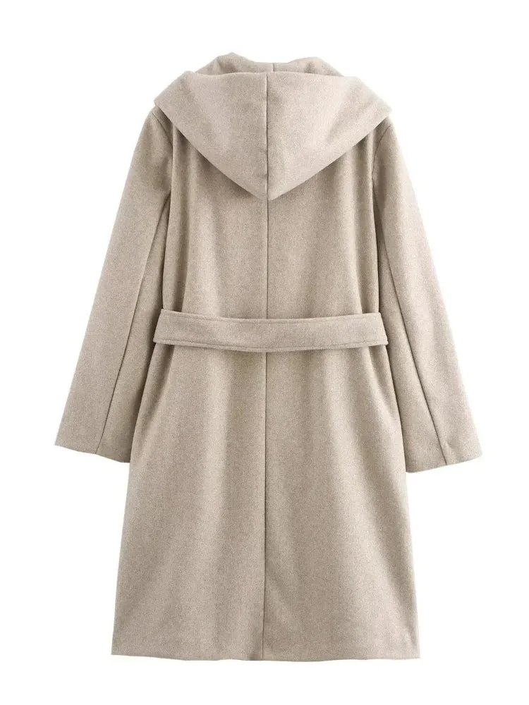 Neutral Wool Hooded Double Breasted Front Tie Coat