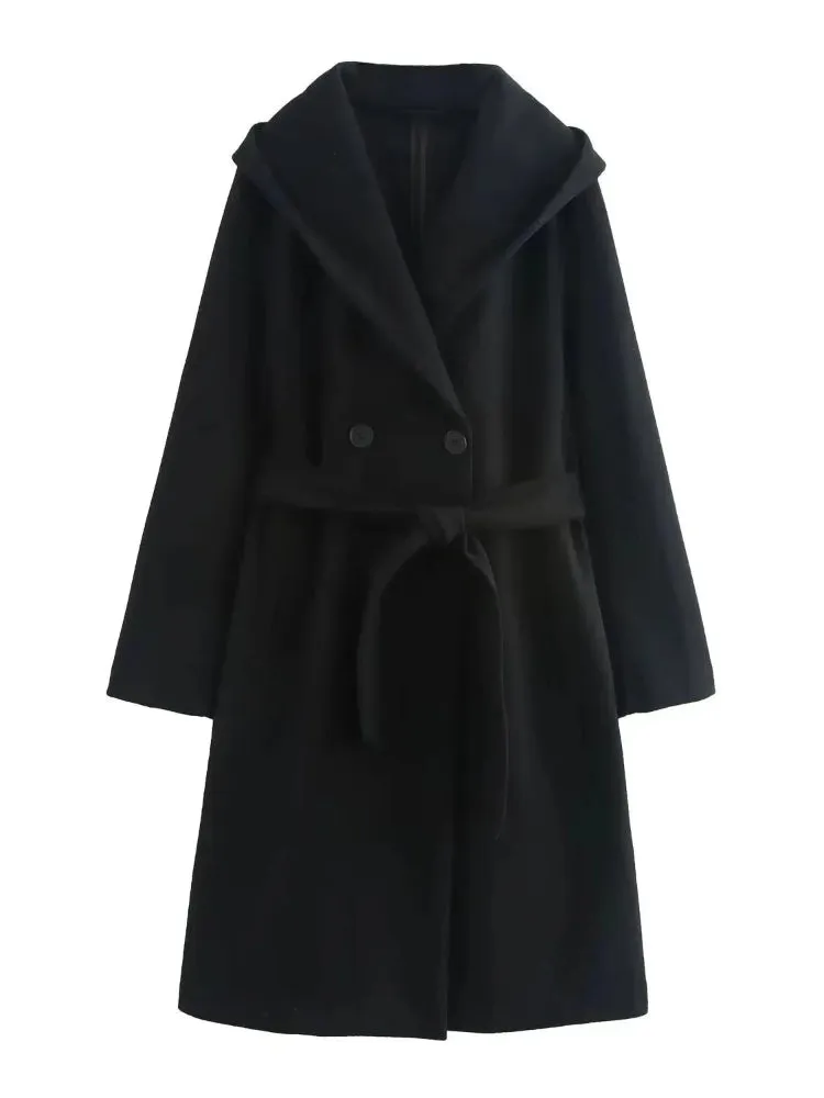 Neutral Wool Hooded Double Breasted Front Tie Coat
