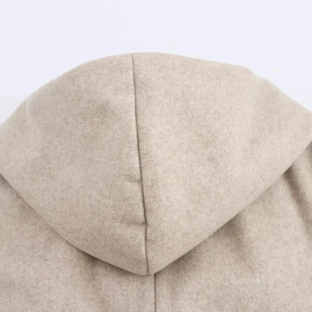 Neutral Wool Hooded Double Breasted Front Tie Coat